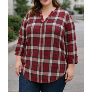 Everyday classic plaid button sleeve blouse womens Time & Tru XL
